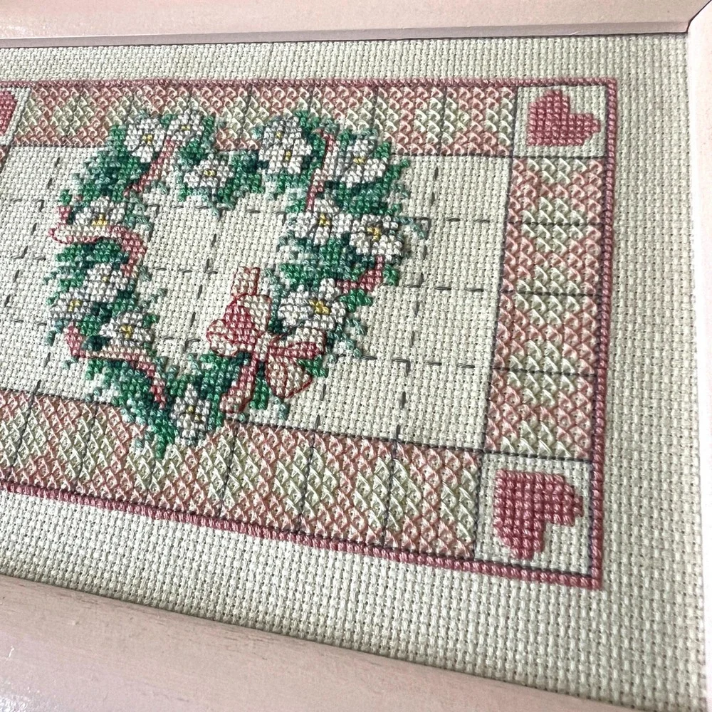 Vintage Framed Floral Heart Cross Stitch Needlepoint Wall Art Pink Cottagecore